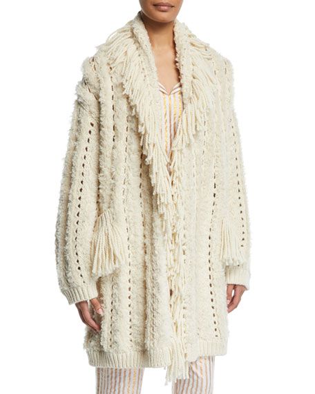 Figue Mila Chunky-Crochet Fringed Open-Front Cardigan | Neiman Marcus