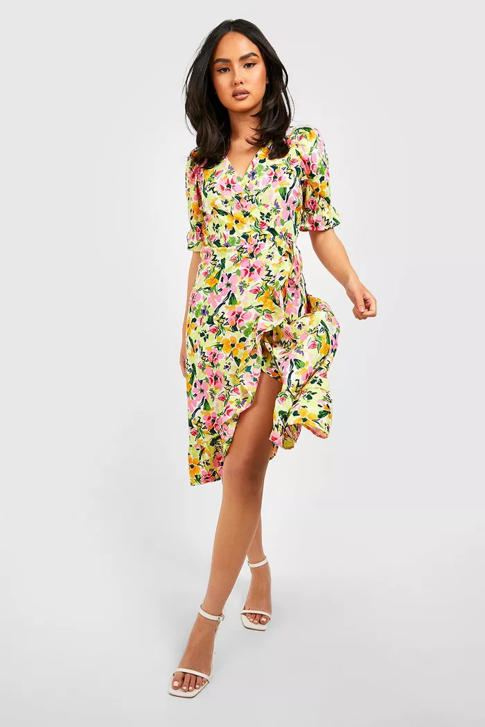 Floral Short Sleeve Wrap Frill Midi Dress | Boohoo.com (US & CA)