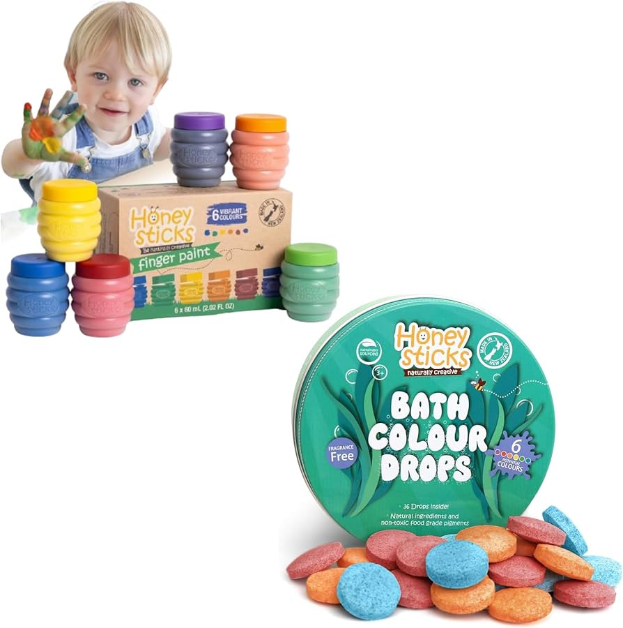 Honeysticks Non Toxic Finger Paint (6 Bright Colors) and Bath Color Drops (36 Drops), Perfect Gif... | Amazon (US)