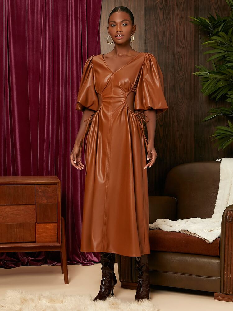 SHEIN Cut Out Drawstring Side Lantern Sleeve PU Leather Dress | SHEIN