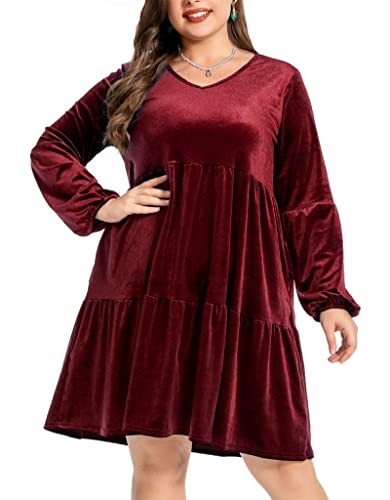 EORANF Women's Wine Red Velvet Dress - Large, Plus Size, Midi, V-Neck, High Waist, Long Puff Sleeves, Pocket, Winter, Solid, Casual, Party, Formal, Dress | Amazon (US)