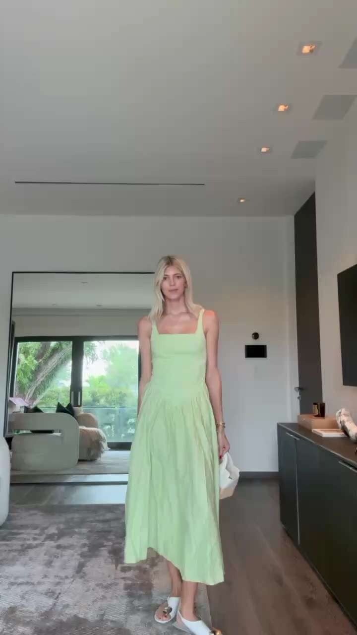 I love this green drop waist dress! 🍋‍🟩💚 Also, I am obsessed with these sandals. 

 #LTKStyleTip #LTKShoeCrush #LTKItBag