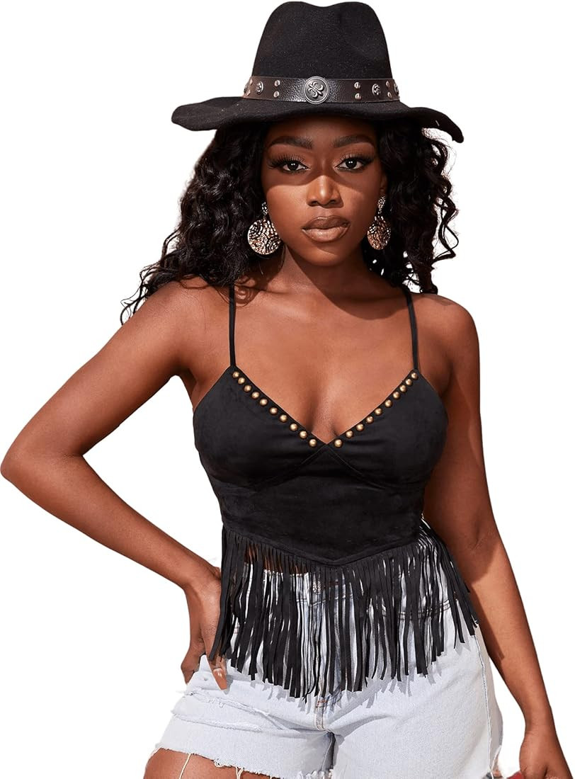 SweatyRocks Women's Sleeveless Tassel V Neck Cami Top Spaghetti Strap Beaded Crop Cami Tank Tops | Amazon (US)