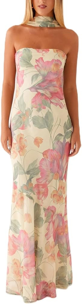 Women Floral Tube Maxi Dress with Scarf Y2k Strapless Backless Mesh Long Bodycon Dresses Formal C... | Amazon (US)