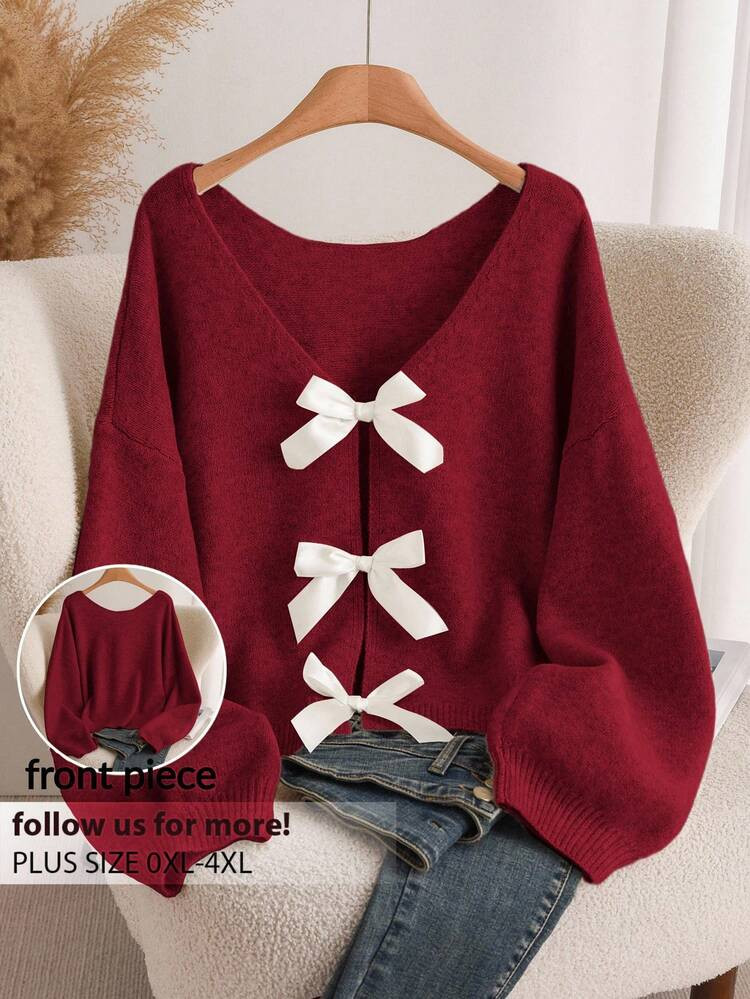 CosyJoli Women's Plus Size Bowknot Back Knitted Sweater, Fashionable & Comfortable Versatile Pull... | SHEIN