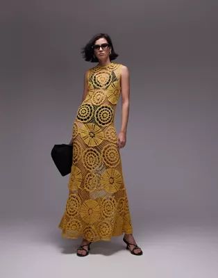 Topshop knitted crochet sleeveless maxi dress in mustard | ASOS (Global)