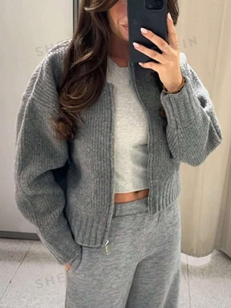 SHEIN EZwear Women's Loose Fit Solid Color Zipper Casual Sweater | SHEIN