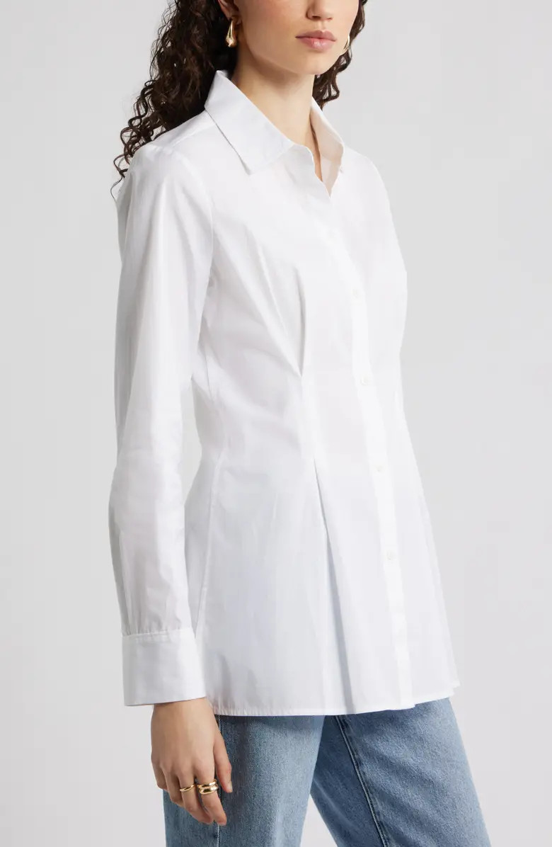 Pleat Waist Cotton Poplin Button-Up Shirt | Nordstrom