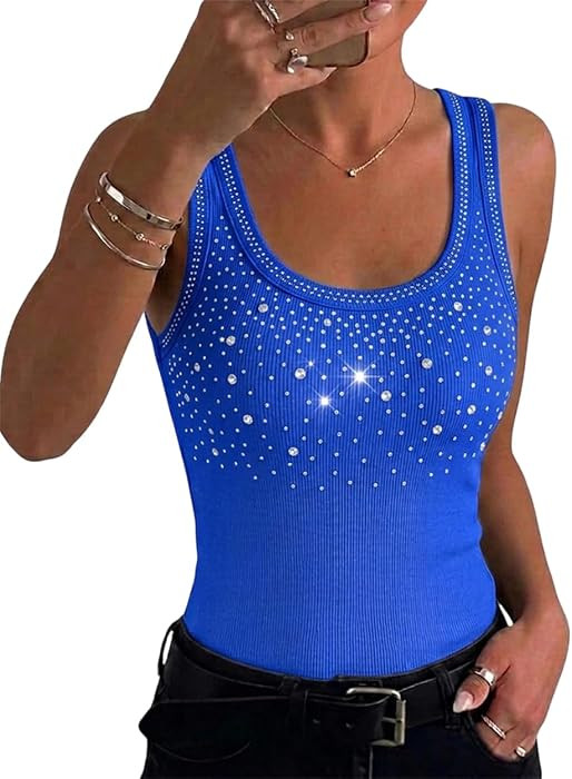 CHICME Womens Rhinestone Tank Top Fitted Ribbed Shirt | Amazon (US)
