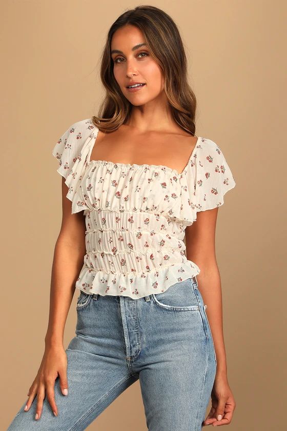 Juliet Cream Floral Print Ruffled Bodysuit | Lulus (US)