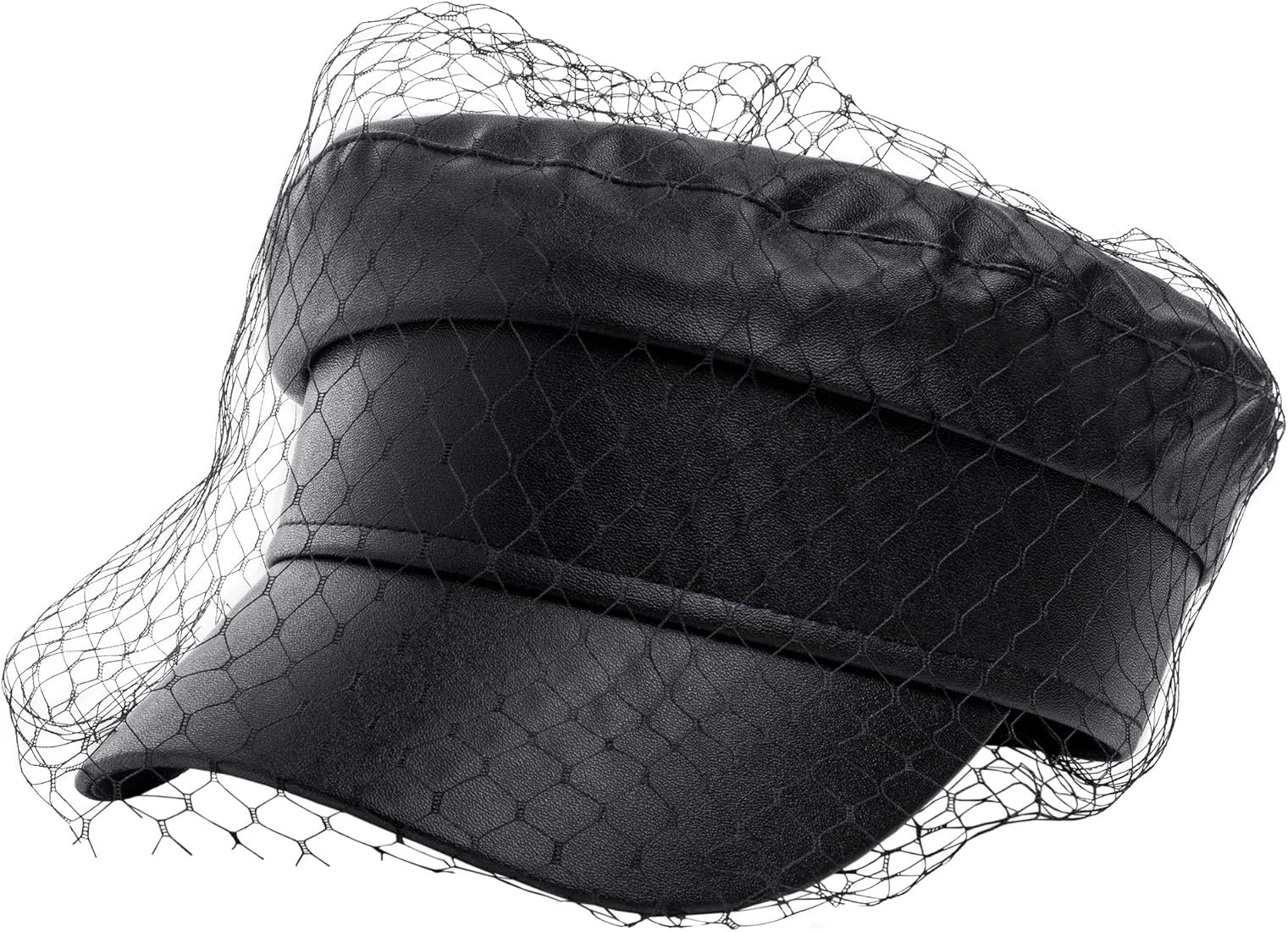 Beret Hats for Women PU Leather Newsboy Fiddler Cap with Veil Casual Baker Boy Captain Hat | Amazon (US)