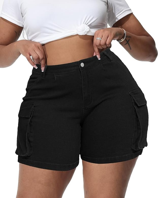 Women Plus Size Jean Shorts Stretchy Curvy Cargo Shorts High Waisted Streetwear Denim Shorts with... | Amazon (US)
