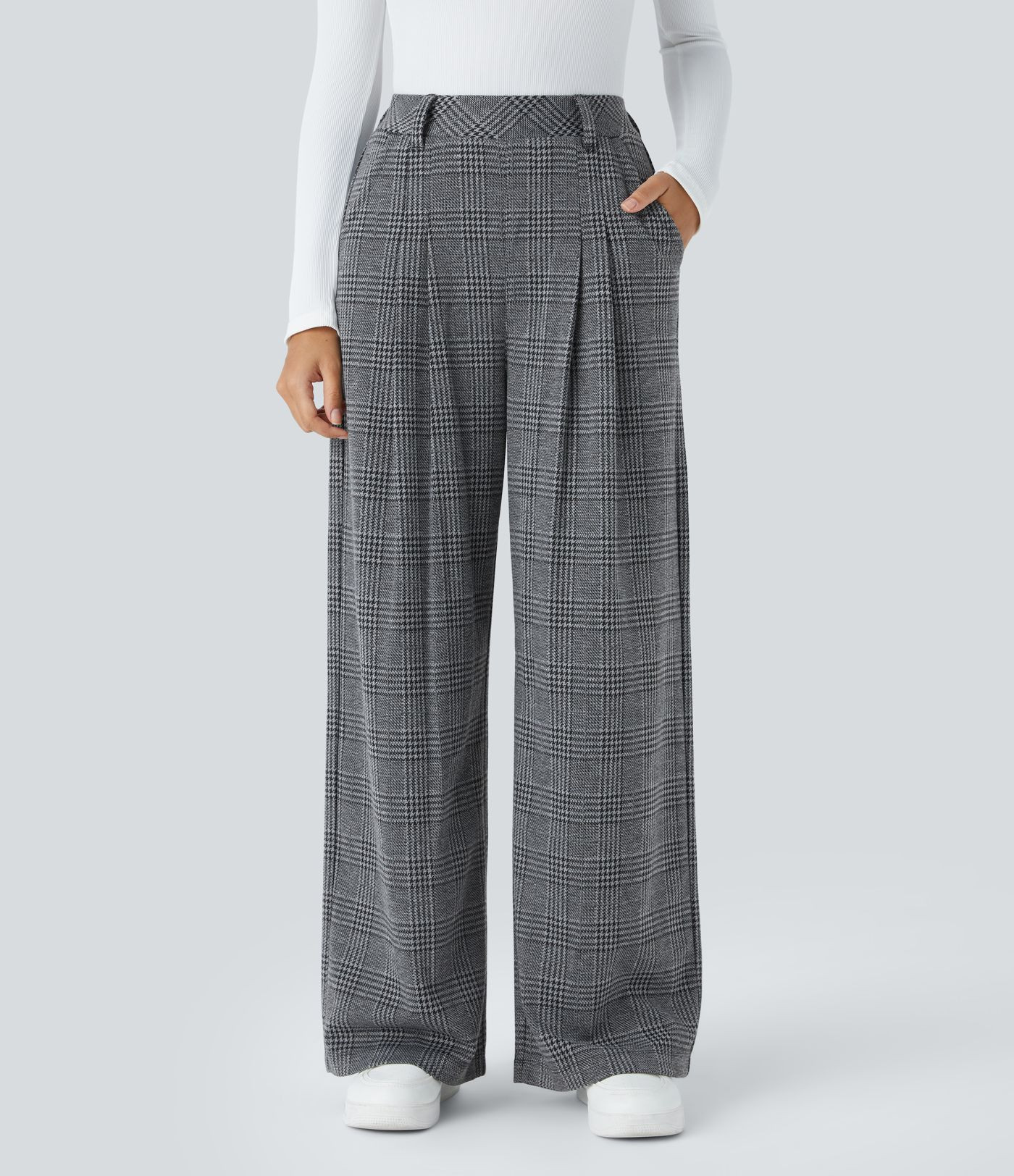 Women’s High Waisted Pocket Wide Leg Houndstooth Plaid Casual Pants - Halara | HALARA