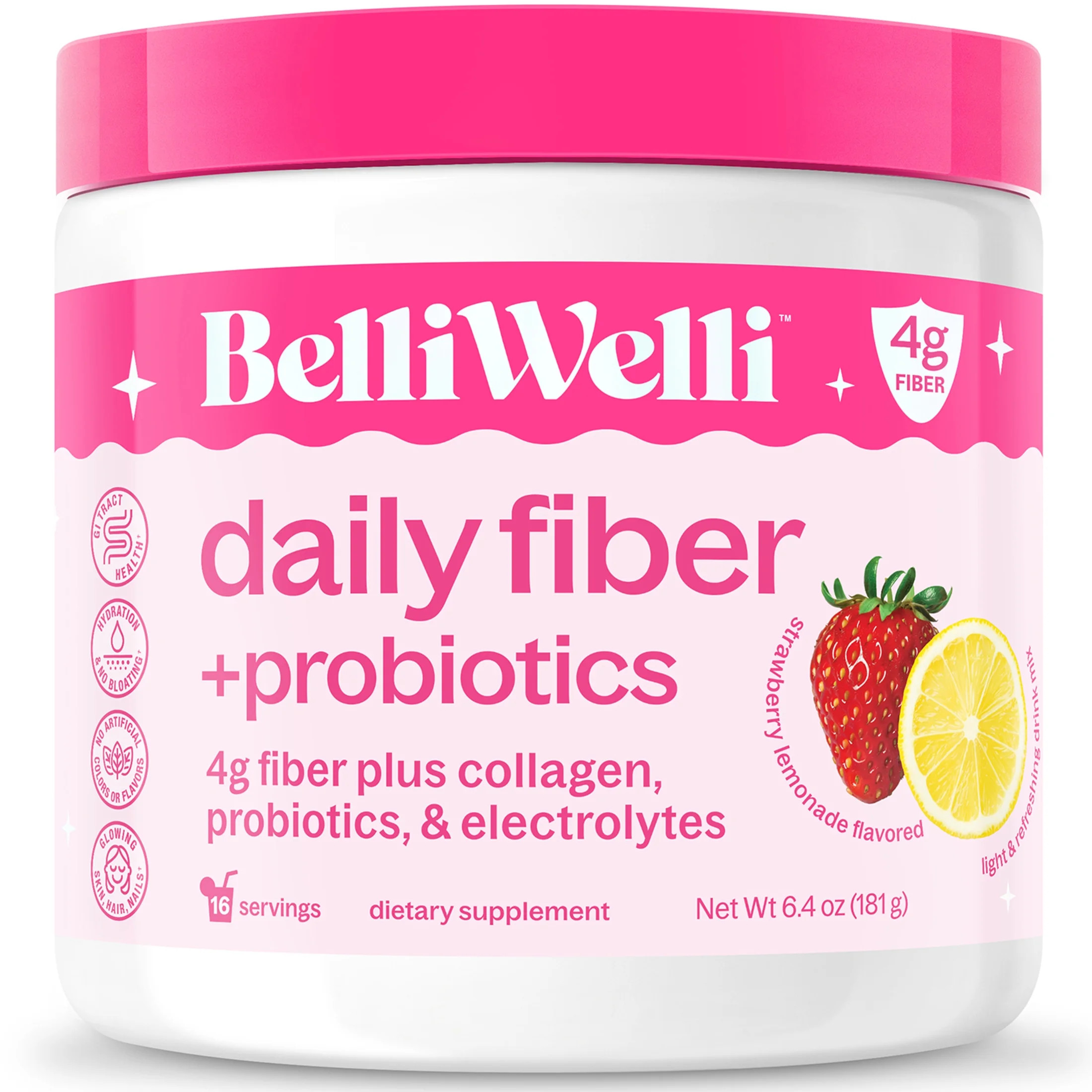 BelliWelli Daily Fiber Supplement with Probiotics, Electrolytes, and Collagen - Strawberry Lemona... | Walmart (US)