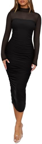 REORIA Women's Fall Mesh Long Sleeve Midi Ruched Bodycon Dress Mock Neck Elegant Club Evening Par... | Amazon (US)