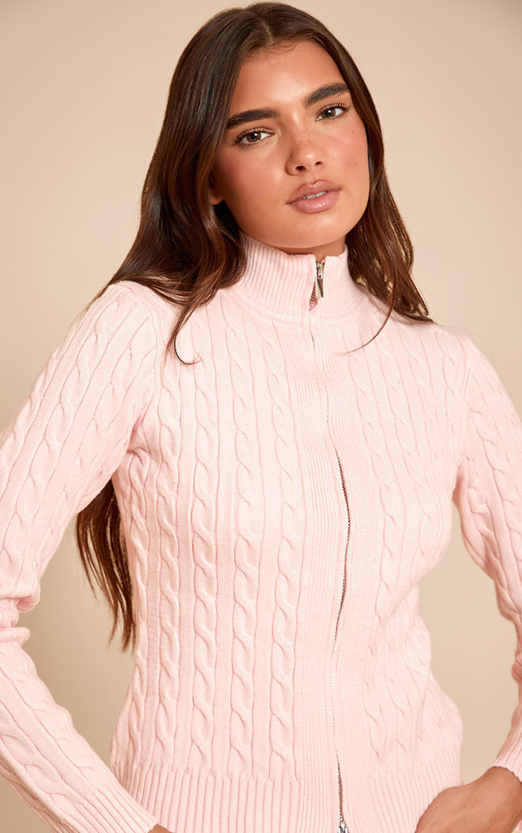Pink Cable Knit Long Sleeve Zip Up Jumper | PrettyLittleThing UK