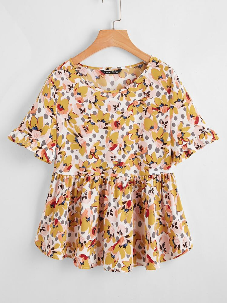 SHEIN Ruffle Cuff Allover Floral Peplum Top | SHEIN