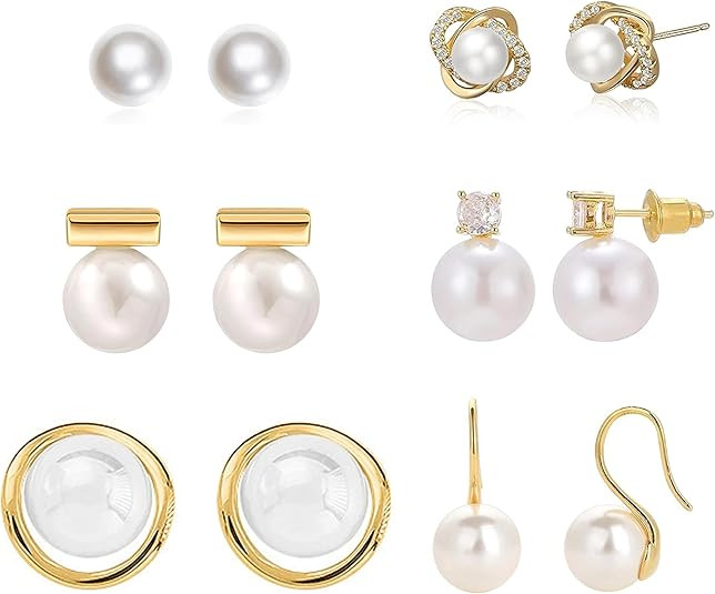 6 Pairs Pearl Stud Earrings for Women Gold Bar Knot Clover Cubic Zircon Stud Mixed Styles Pearl E... | Amazon (US)