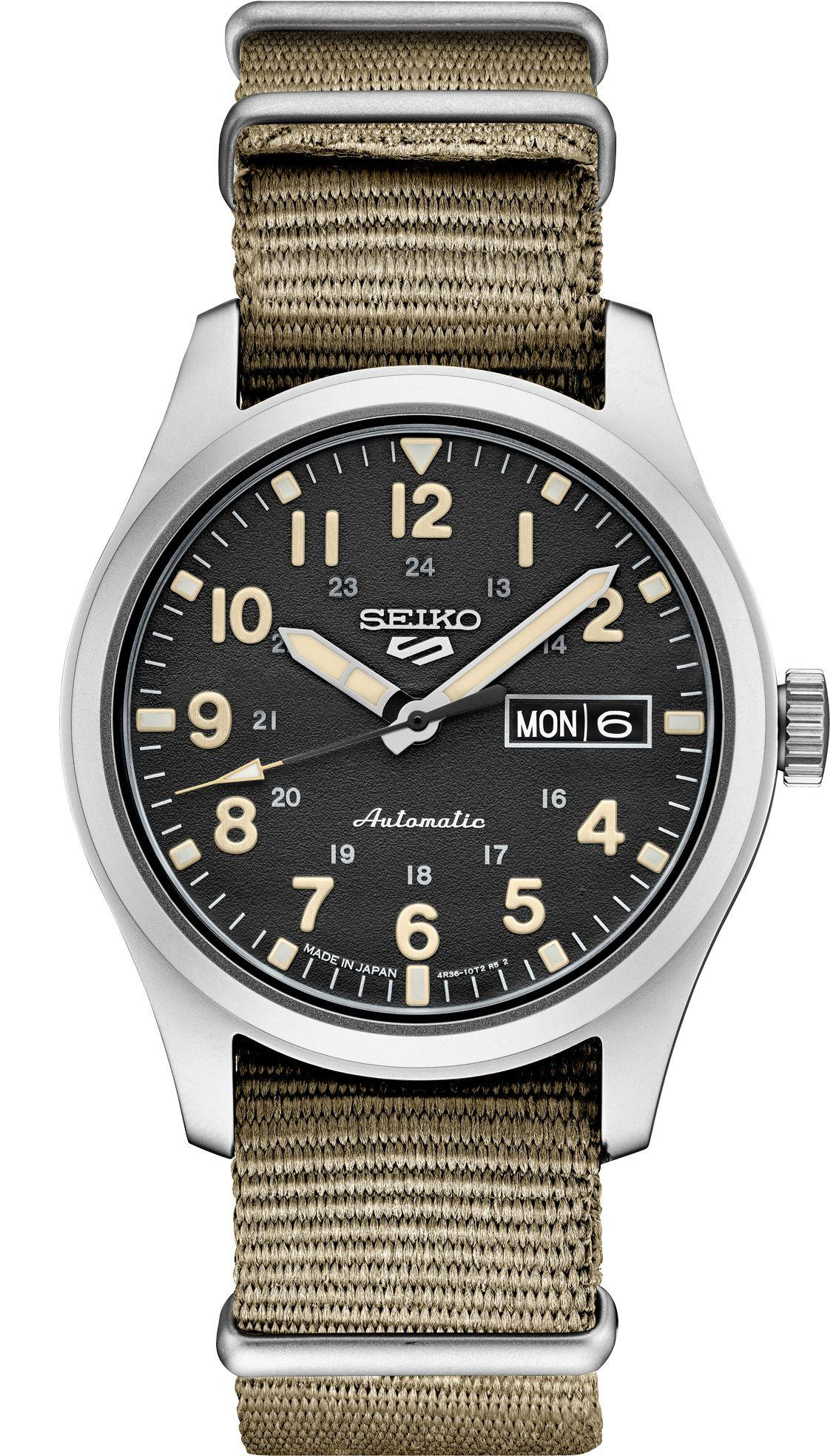 Seiko 5 Sports SRPG35 field watch with black dial on nylon strap