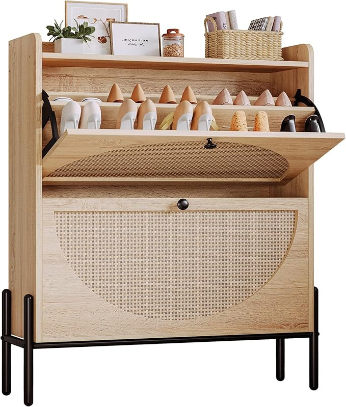 IRONCK Shoe Cabinet Storage with 2 Flip Drawers, Free Standing Wooden Shoe Storage Organizer Cabi... | Amazon (US)