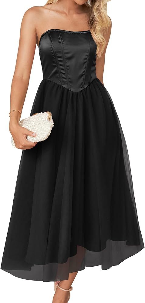 ZESICA Women's 2024 Summer Strapless Dress Sexy Off Shoulder Backless Corset Smocked High Waist W... | Amazon (US)