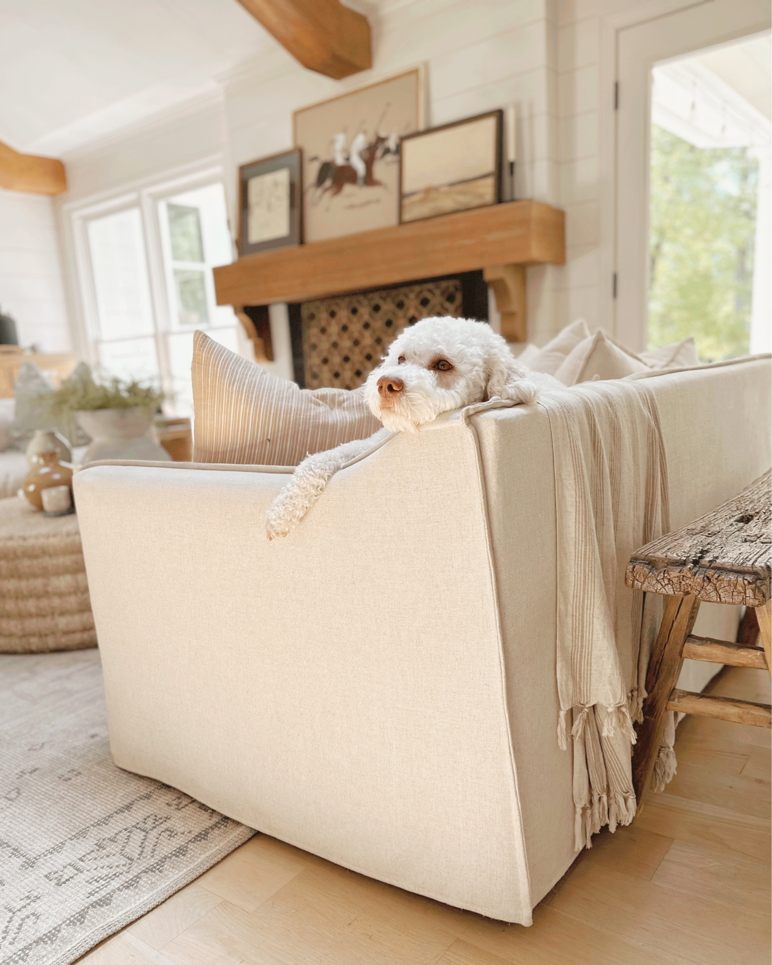 Emily’s Living Room Maiden Home sofa, vintage rug from Pottery Barn and woven round coffee table 🤍

#LTKhome #LTKstyletip