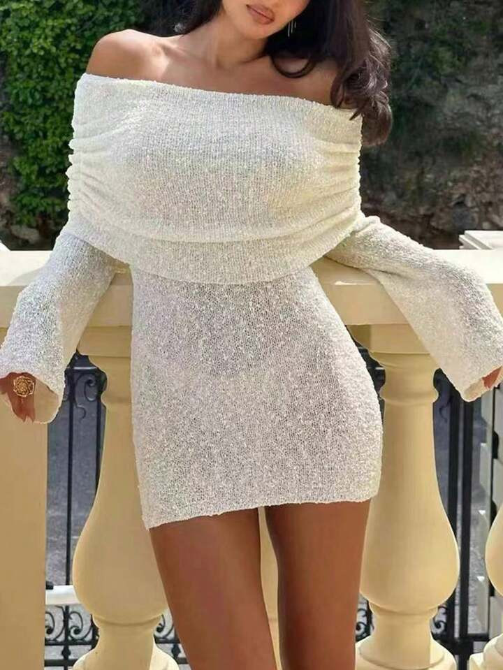SHEIN Essnce Women's Off-Shoulder Flared Long Sleeve Elegant & Gentle Knitted Dress | SHEIN | SHEIN