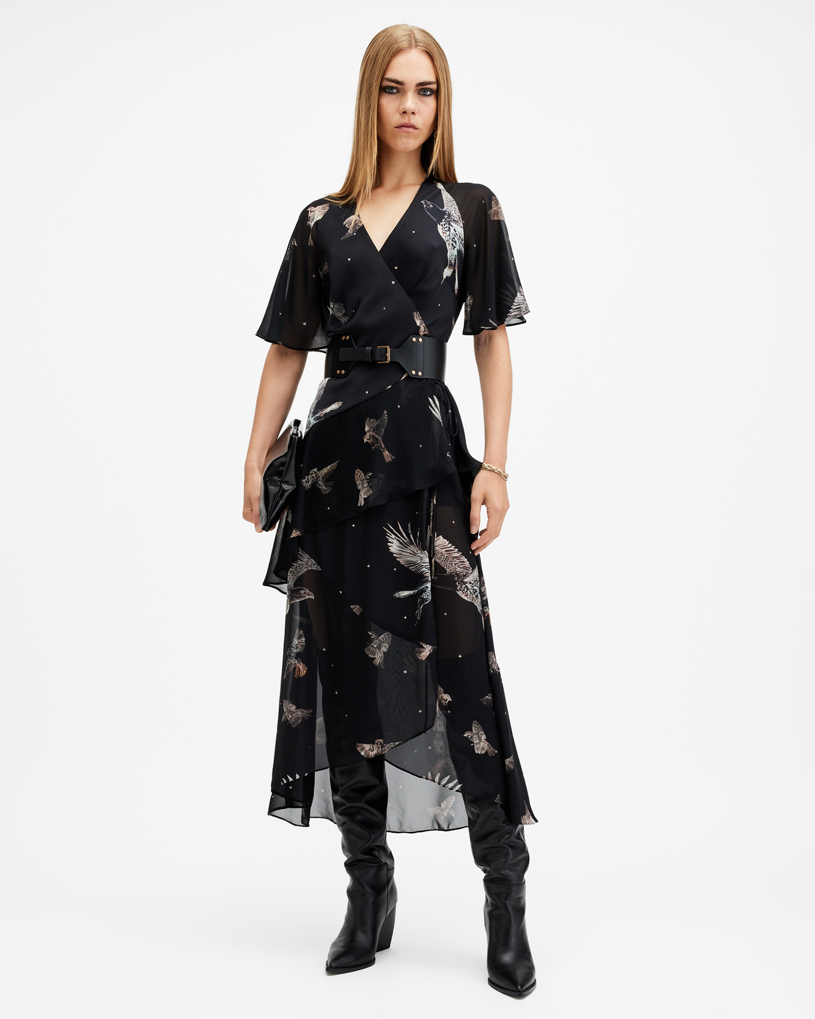Alana Printed Wrap Over Midi Dress | AllSaints US