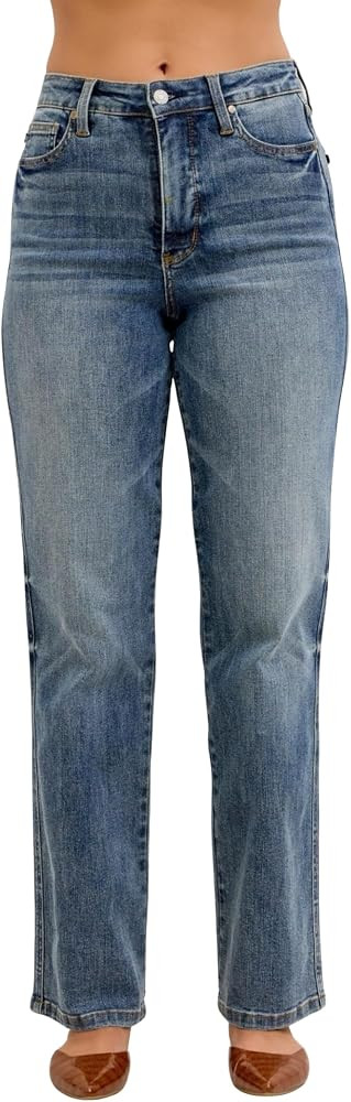Judy Blue Women's Vintage Wash High Waist Tummy Control Straight Leg Jeans, Inseam 32" | Amazon (US)