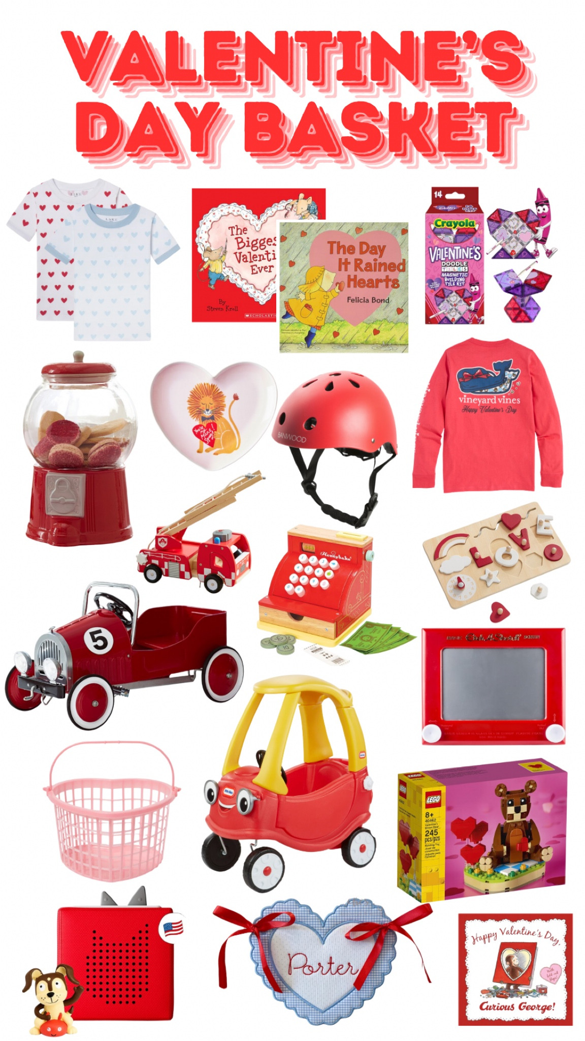 Valentine’s Day basket. Pajamas. Books. Magnetites. Toys. Plates. Helmet. Shirt. Car. Puzzle. Valentine’s Day gifts  

#LTKFamily #LTKKids #LTKGiftGuide