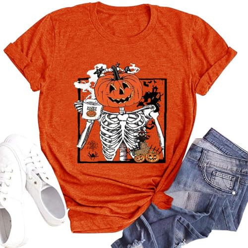 Hot Coffee Skeleton Shirts for Women Funny Halloween Skull Tshirts Cute Pumpkin Face Graphic T Shirt Fall Short Sleeve Tops 2024, Orange Medium | Amazon (US)