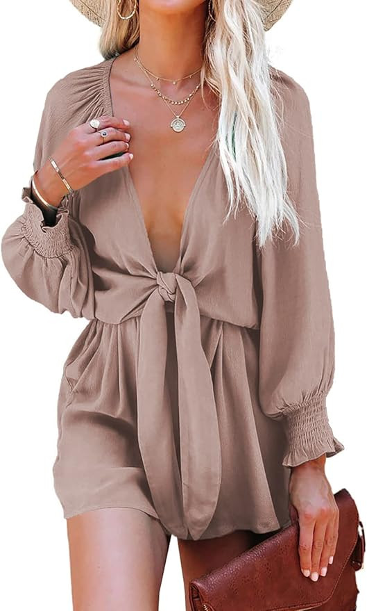 AlvaQ Womens Long Sleeve Romper Tie Knot Front V Neck Short Jumpsuits,S-XL | Amazon (US)