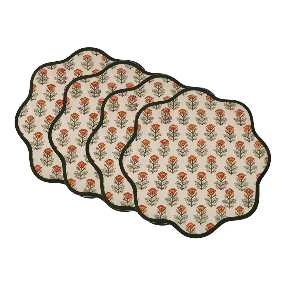 Handmade Round Scalloped Autumn Floral Placemats, Cream with Dark Green Trim - Set of 4 | Chairish