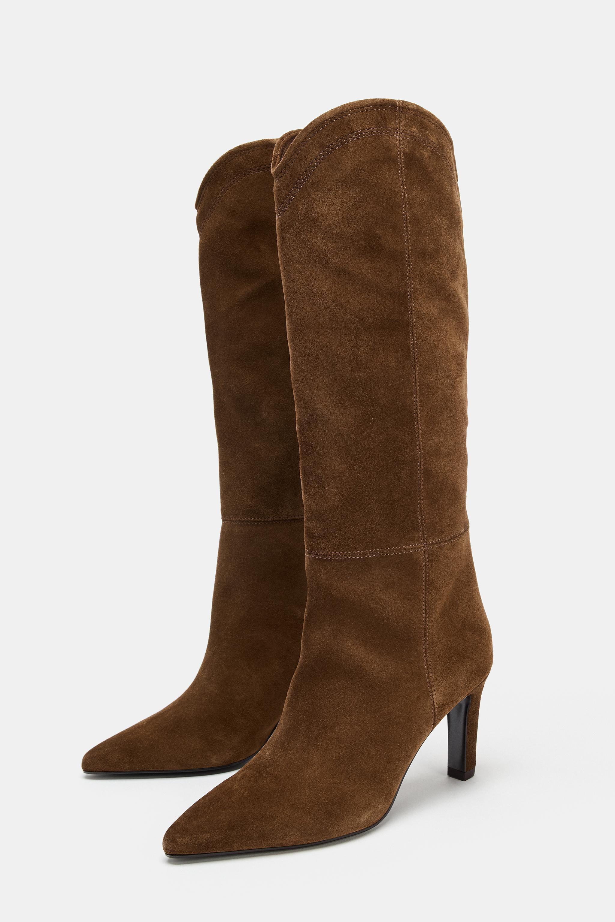 STITCHED SPLIT LEATHER HEELED BOOTS | Zara US