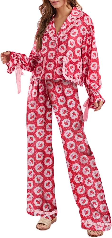 Argeousgor Women Valentine's Day Pajamas Bow Pjs Set Long Sleeve Shirt Pants Silk Heart Print 2 P... | Amazon (US)