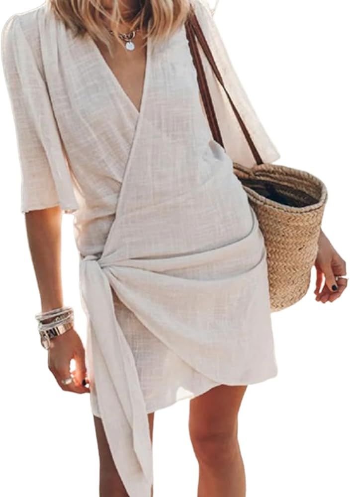 Womens Summer Beach Cotton Linen Dress Soild Color Shrot Sleeve Cross V-Neck Wrap Gown Mini Dress | Amazon (US)