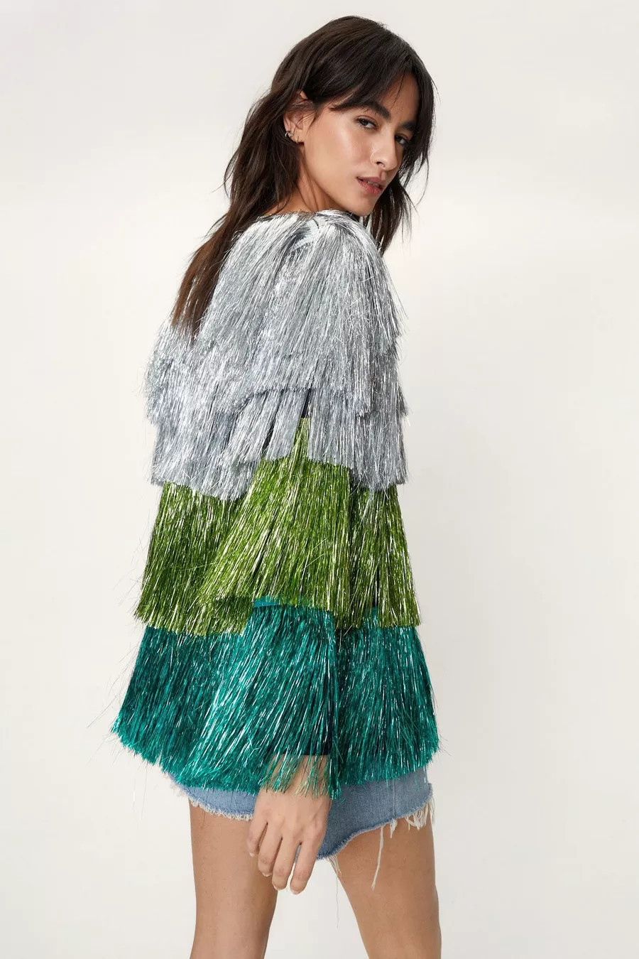 Metallic Open Front Tiered Tinsel Fringe Jacket | Nasty Gal (US)