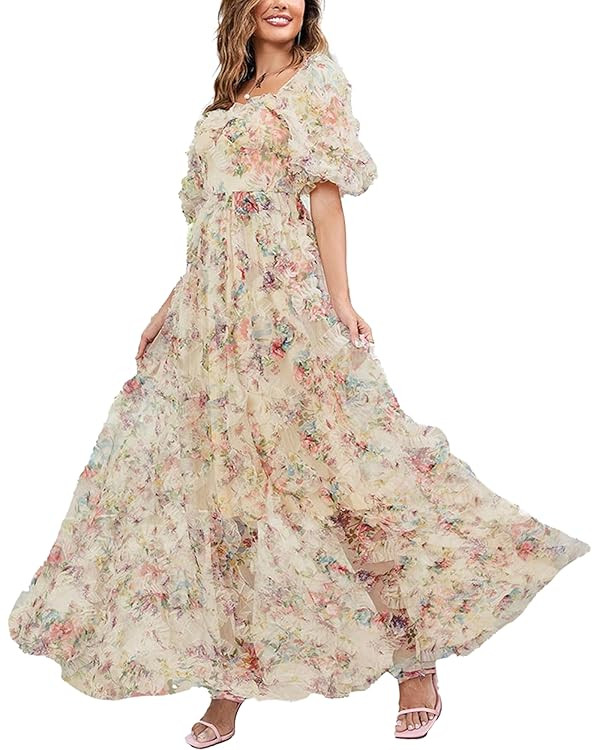 Women's Sleeve Floral Print Puff Sleeve Mesh Overlay Dress 3D Butterflies Appliques Formal Evenin... | Amazon (US)