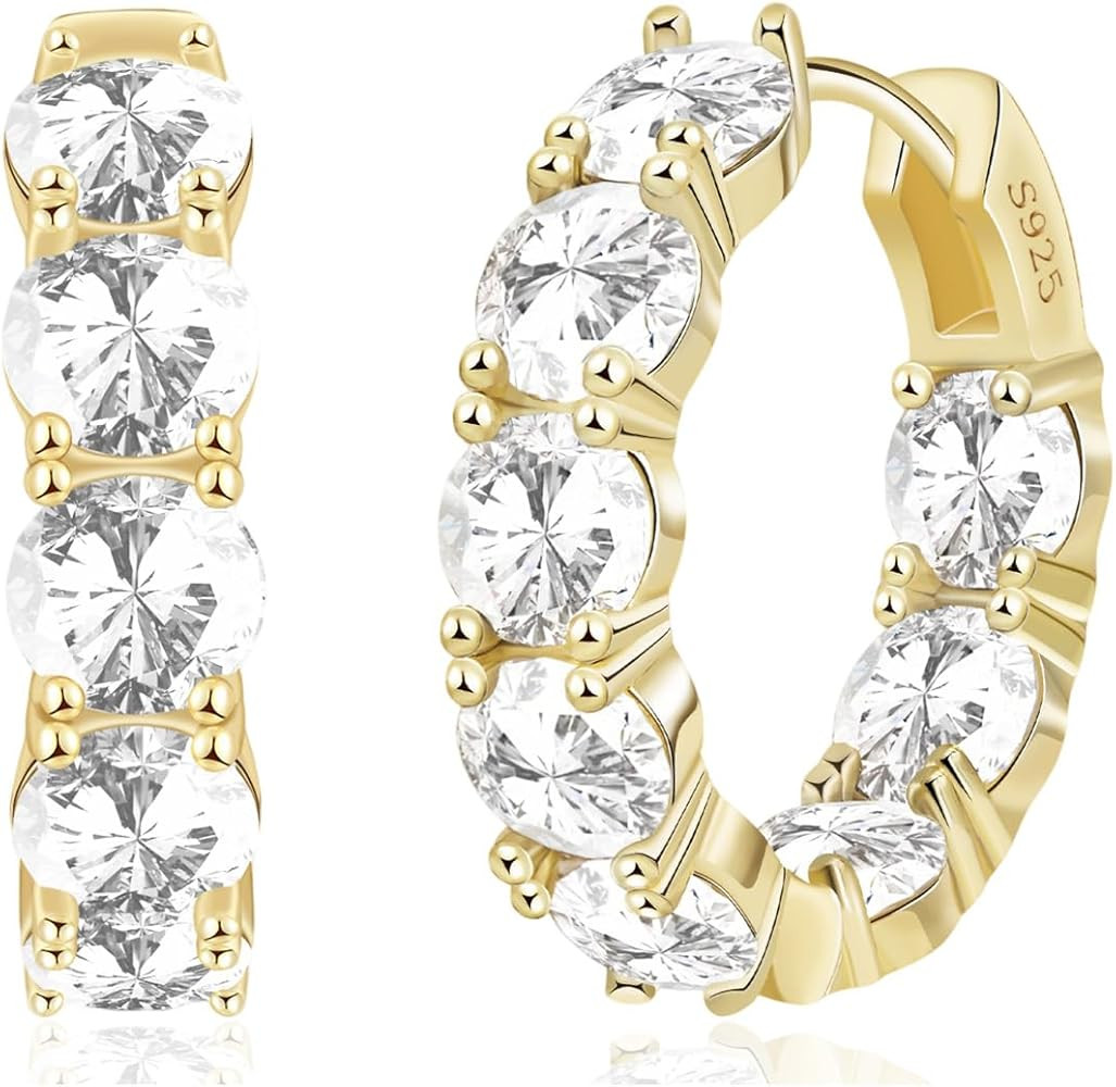 14K Gold Plated Hoop Earrings for Women,Silver Huggie Earrings for Women Cubic Zirconia Small Ear... | Amazon (US)
