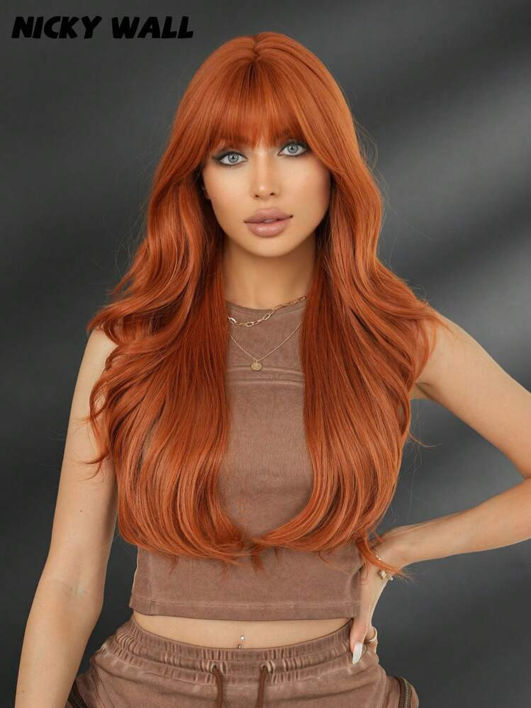 NICKY WALL Orange Wig Long Body Wave Wigs For Women Fluffy Natural Curly Wig With Bangs Fashion Synthetic Heat Resistant Fiber Wigs Girls Cosplay Party Daily Use 28 Inch | SHEIN
