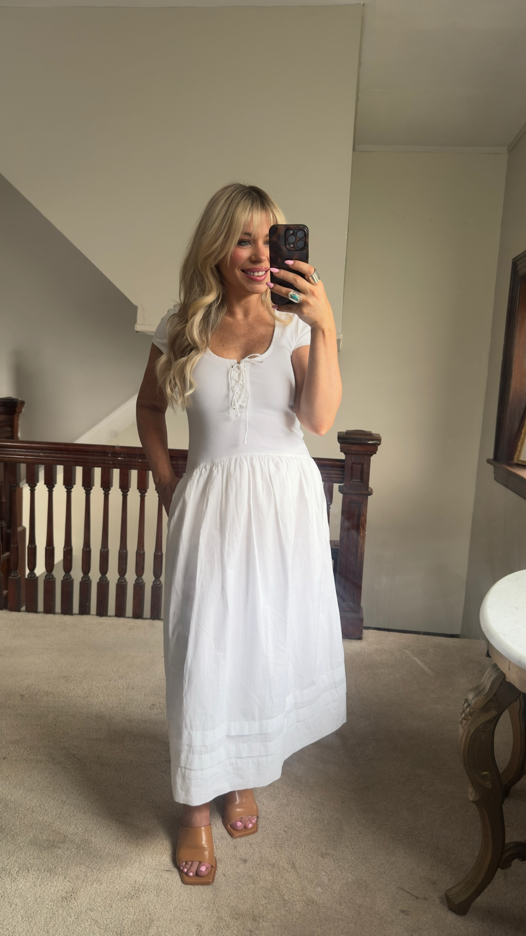 White spring dress size small (so flattering) 

Heeled sandles linked similar below 