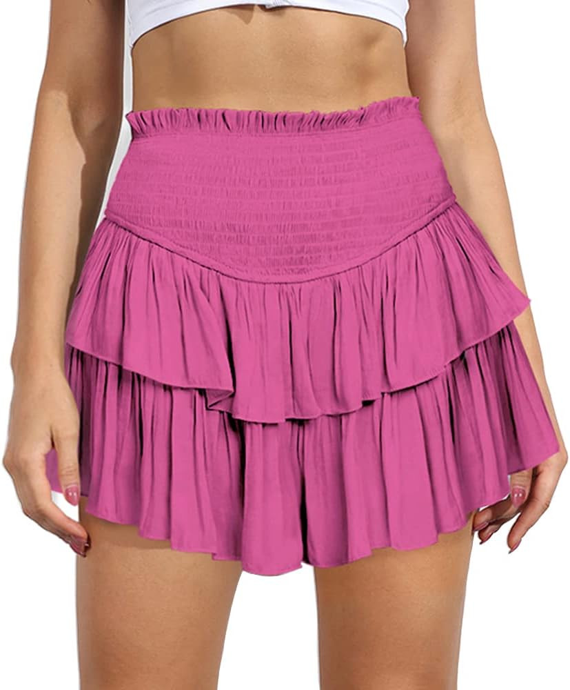 MiiVoo Women’s Summer High Waist Ruffle Short Mini Skirts Elastic Waist Solid Lined Layered Fla... | Amazon (US)