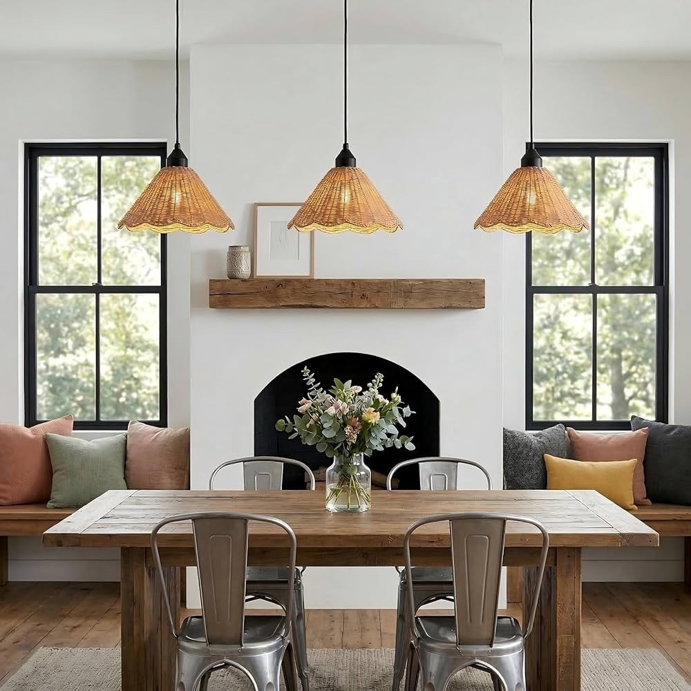 Boho Rattan Scalloped Pendant Light Fixture 3-Pack, 11'' Natrual Hand-Woven Rattan Shade, Rustic, Cottage, Farmhouse, for Kitchen Island Dinning Room Living Room

#LTKHome
