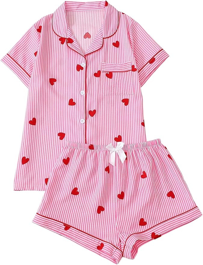 Milumia Women's Two Piece Pajama Set Heart Print Striped Short Sleeve Sleepwear with Shorts | Amazon (US)