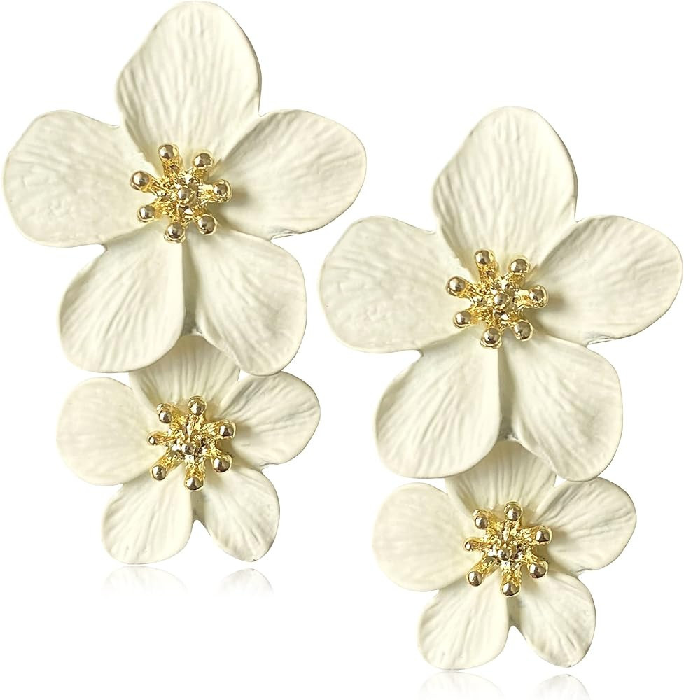 GPASTG Elegant Bohemian Large Metal Double Flower Matt Earring Chic Statement Dangle Drop Wedding... | Amazon (US)
