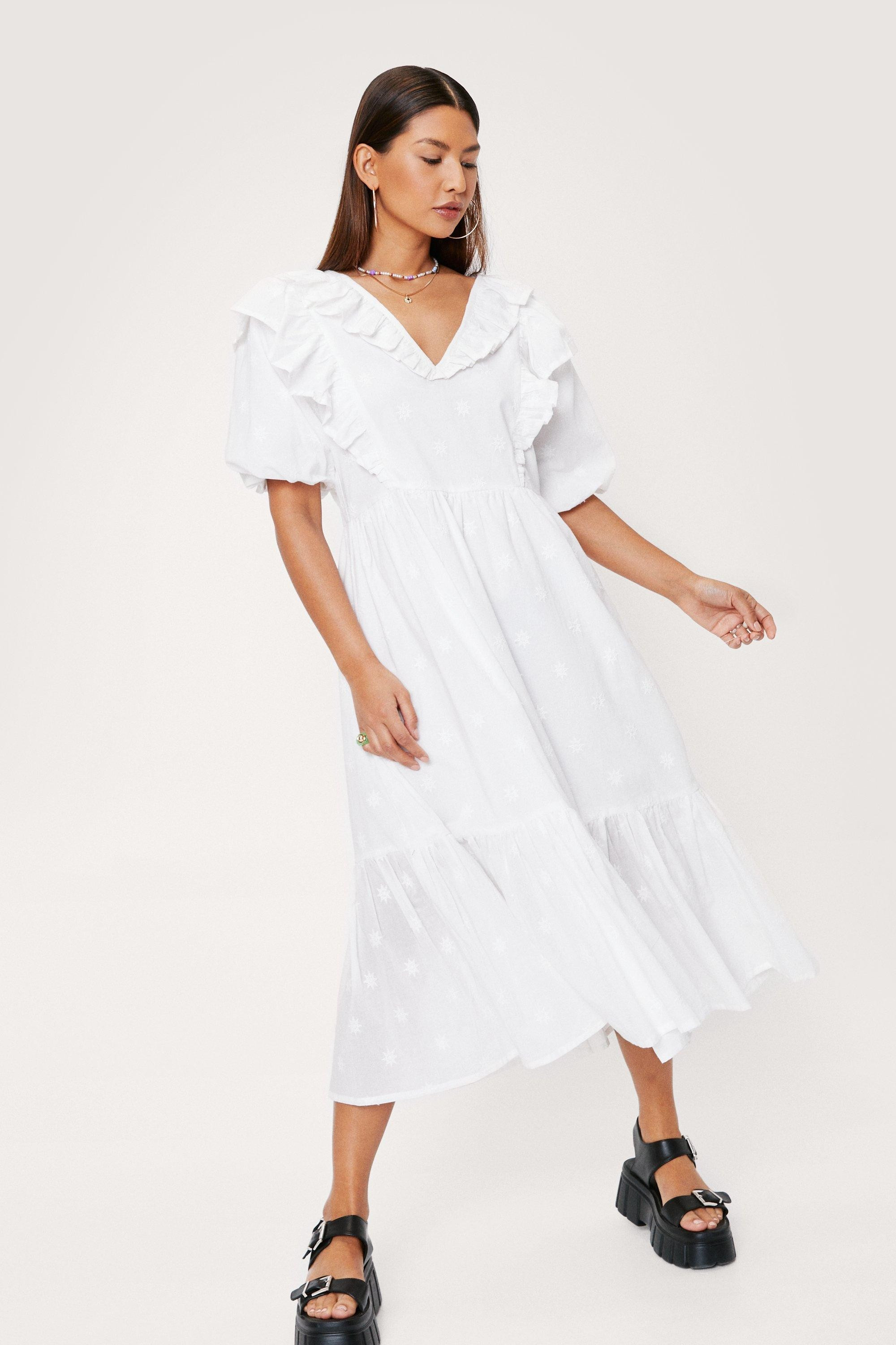 Star Embroidered Ruffle Detail Midi Smock Dress | Nasty Gal (US)