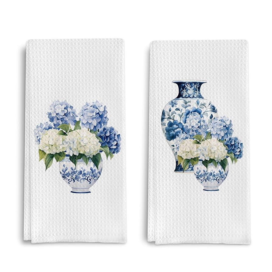 Blue and White Porcelain Chinoiserie Kitchen Towels Set of 2, Hydrangea Floral Dish Towels Tea To... | Amazon (US)