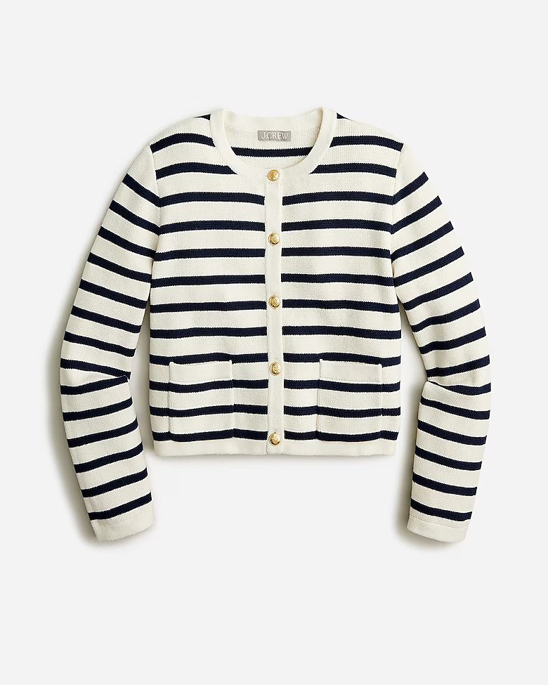 best seller4.6(45 REVIEWS)Emilie patch-pocket sweater lady jacket in stripe$138.00Ivory Navy2XSiz... | J. Crew US