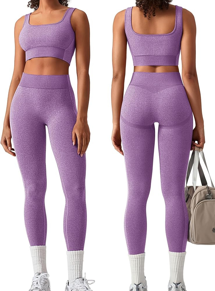 Amazon.com: OLCHEE Womens Workout Sets 2 Piece Seamless Square Neck Sports Bra Padded Butt Liftin... | Amazon (US)