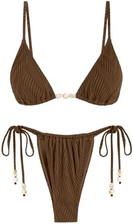 Women Ribbed Bikini Set Beaded Adjustable 2 Piece Bathing Suit | Amazon (US)